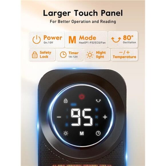 Touch Panel Space Heaters for Indoor Use, 1500W Fast Heating Electric Heater - Picture 6 of 7